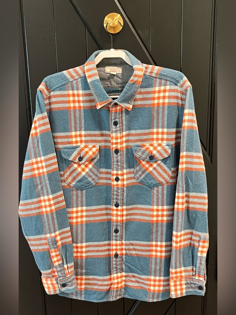Men's Blue and Orange Plaid Button-Down Shirt XL